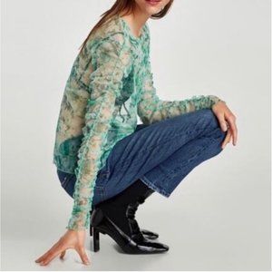 💥 NWT Zara Sheer Floral Ruched Sleeve Tulle Top